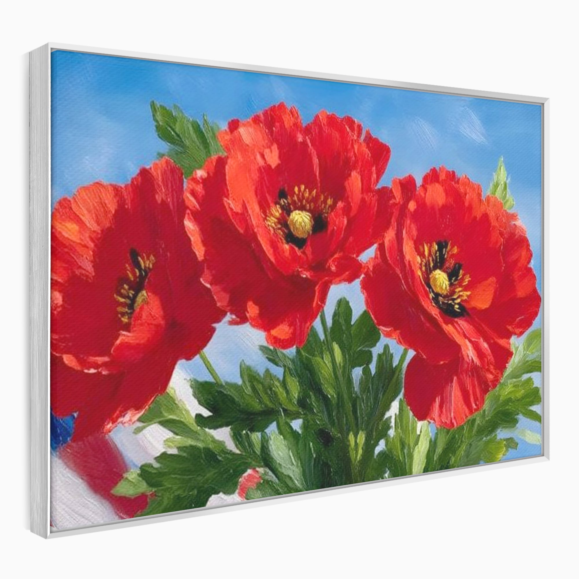Tablou canvas cu tablou pictura cu trei maci, in rama de aluminiu argintiu